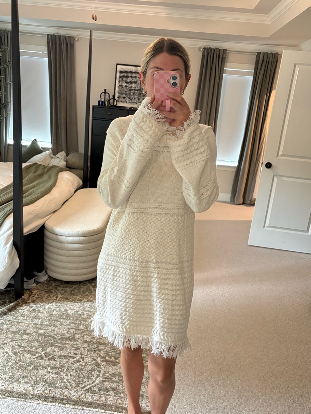 Lulu's Cream Knit Mini Dress with Fringe Trim